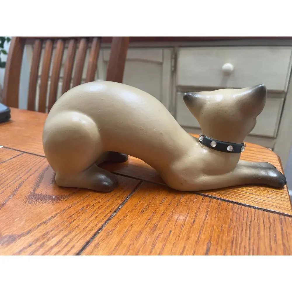 Vintage Mid Century Siamese Cat Figurine Rhinestone Eyes Jeweled Collar 8”